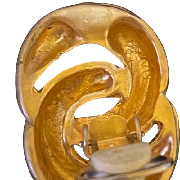 2" x 7/8" Vintage Gold-Tone Clip-On Earrings With Faux Pearls & Abstract Design - Picture 7 of 10